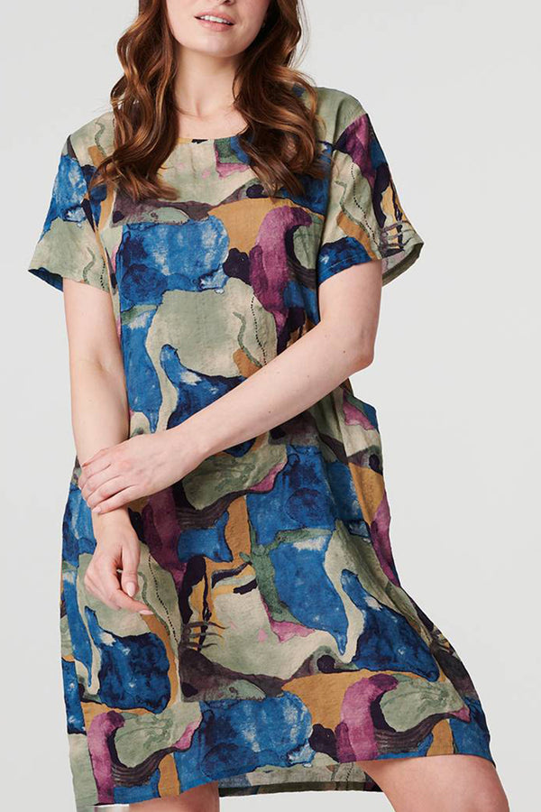 MULTI BLUE | Printed Short Sleeve Knee Length Dress