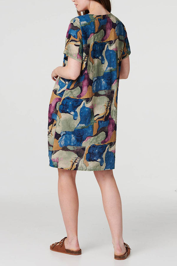 MULTI BLUE | Printed Short Sleeve Knee Length Dress