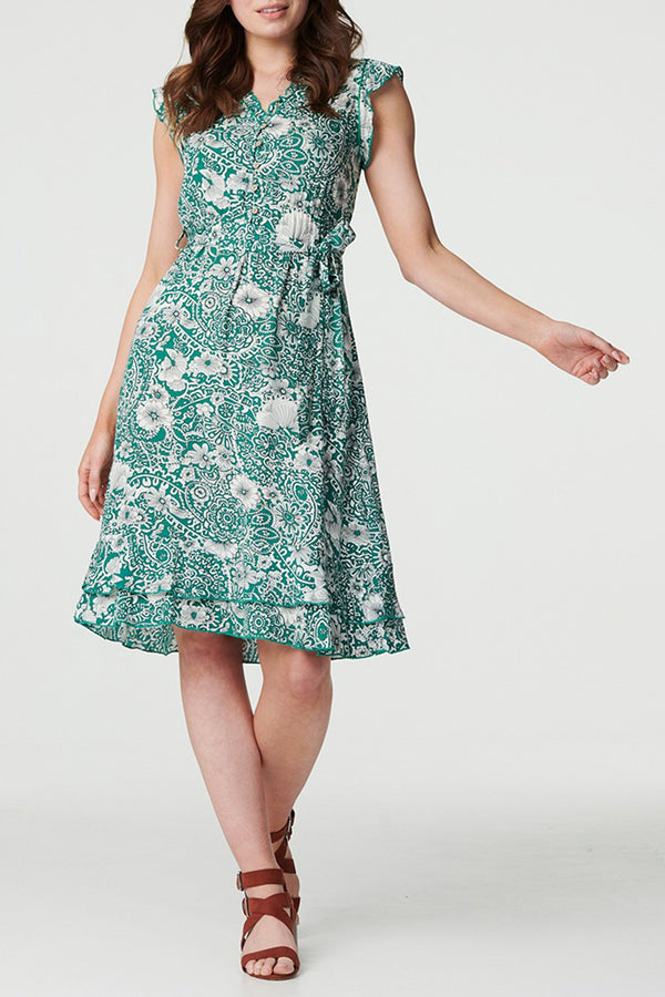 GREEN | Paisley Frill Cap Sleeve Short Dress