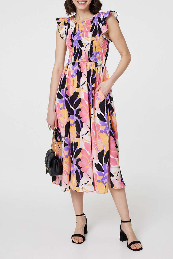 PURPLE | Floral Frill Sleeve Midi Smock Dress