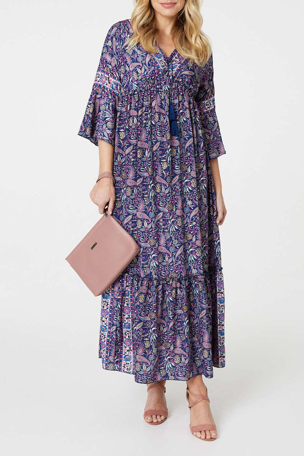 NAVY | Paisley Print Tassel Neck Maxi Dress