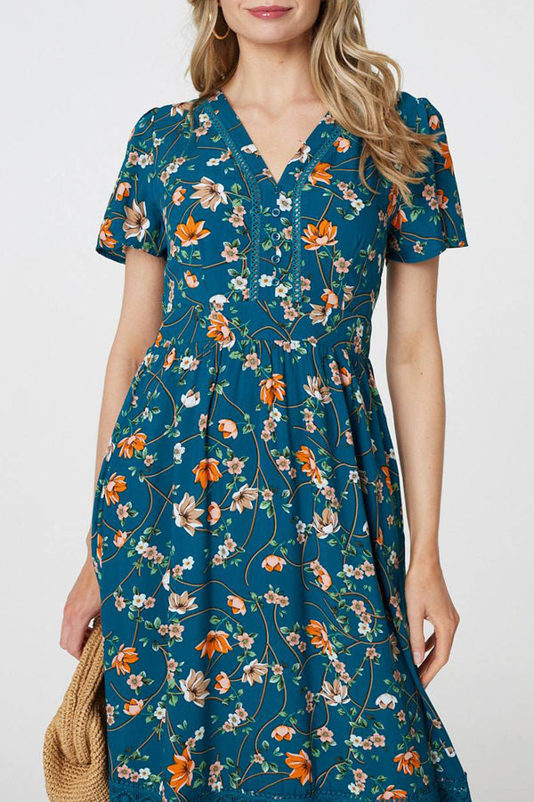TEAL | Floral Lace Trim Short Sleeve Midi Dress