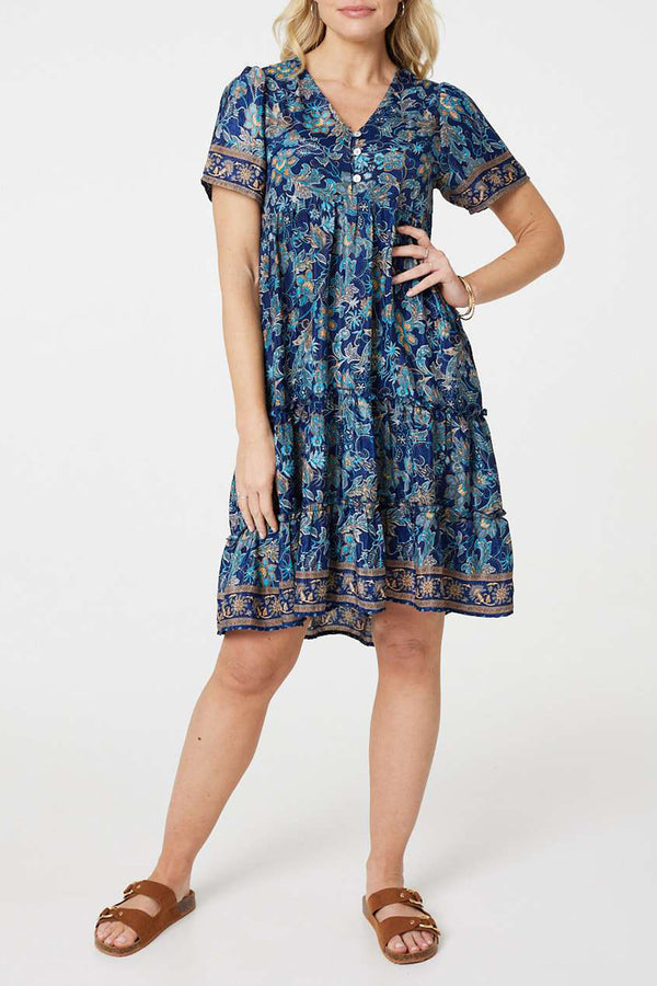 TEAL | Paisley Print Relaxed Knee Length Dress