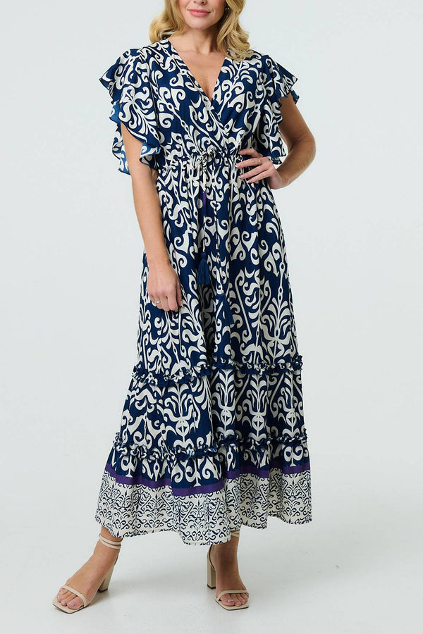 MULTI NAVY | Mosaic Print Batwing Sleeve Maxi Dress