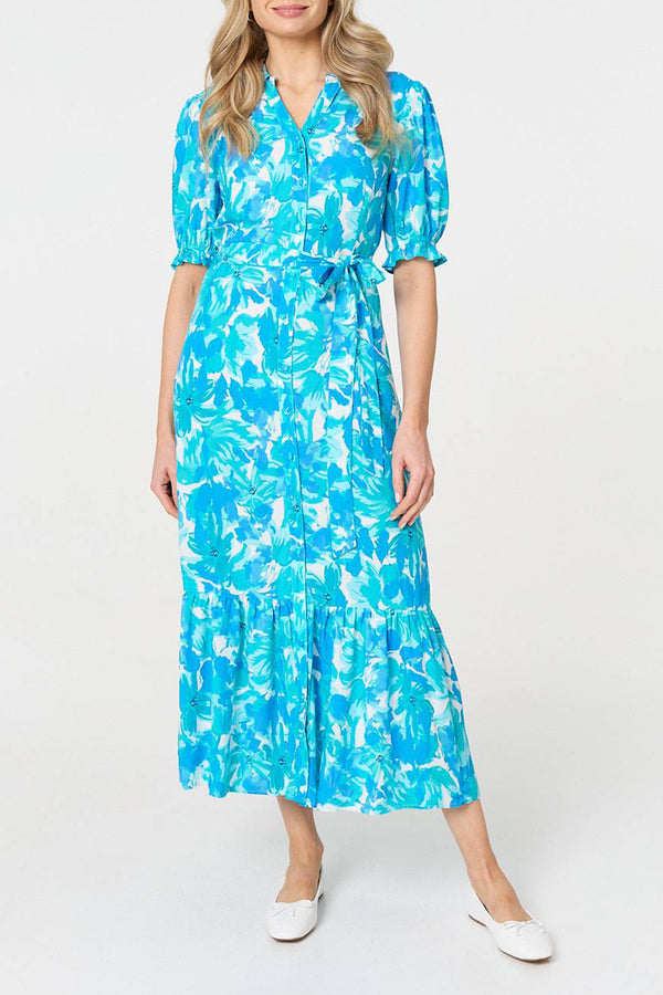 BLUE | Printed Puff Sleeve Tie Waist Maxi Dress