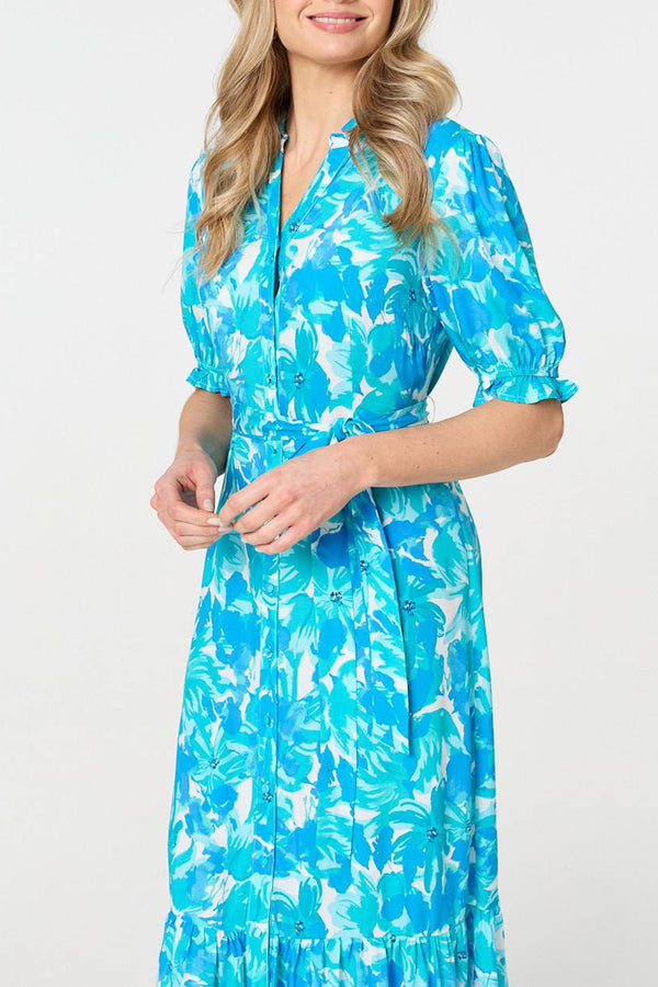 BLUE | Printed Puff Sleeve Tie Waist Maxi Dress