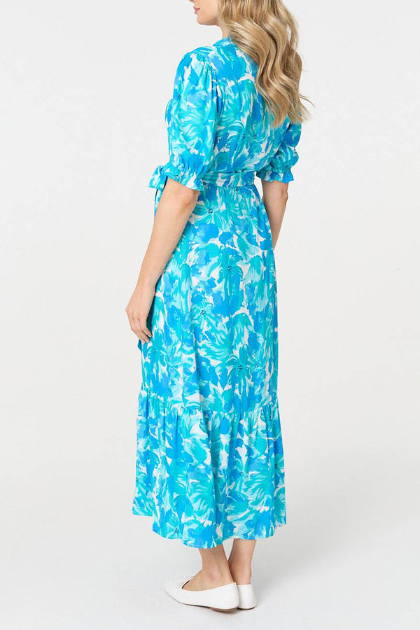 BLUE | Printed Puff Sleeve Tie Waist Maxi Dress