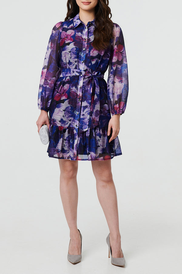 MULTI BLUE | Floral Semi Sheer Tie Waist Mini Shirt Dress