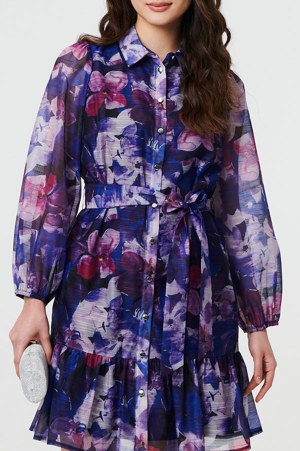 MULTI BLUE | Floral Semi Sheer Tie Waist Mini Shirt Dress