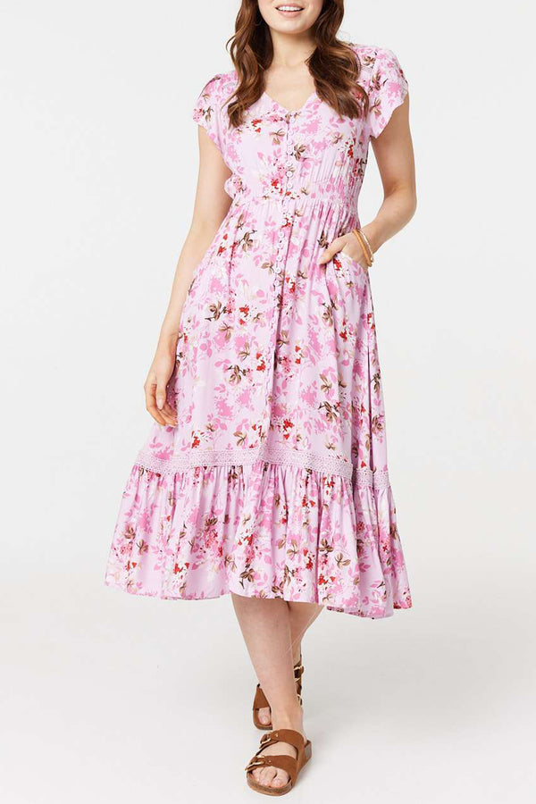 PINK | Floral Cap Sleeve Tiered Midi Dress