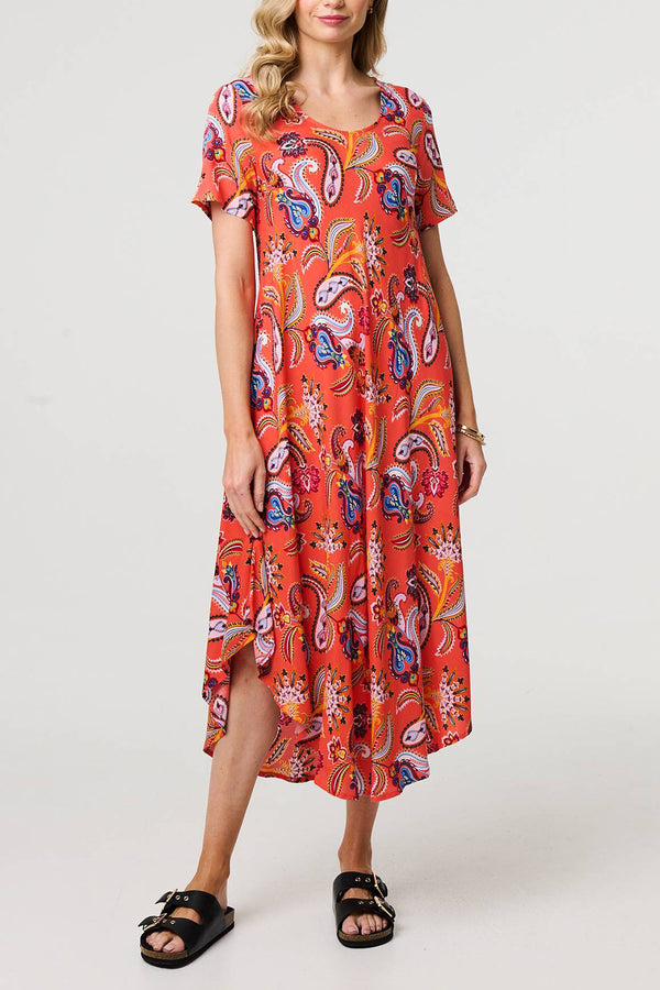 MULTI ORANGE | Paisley Short Sleeve Relaxed Midi Dress