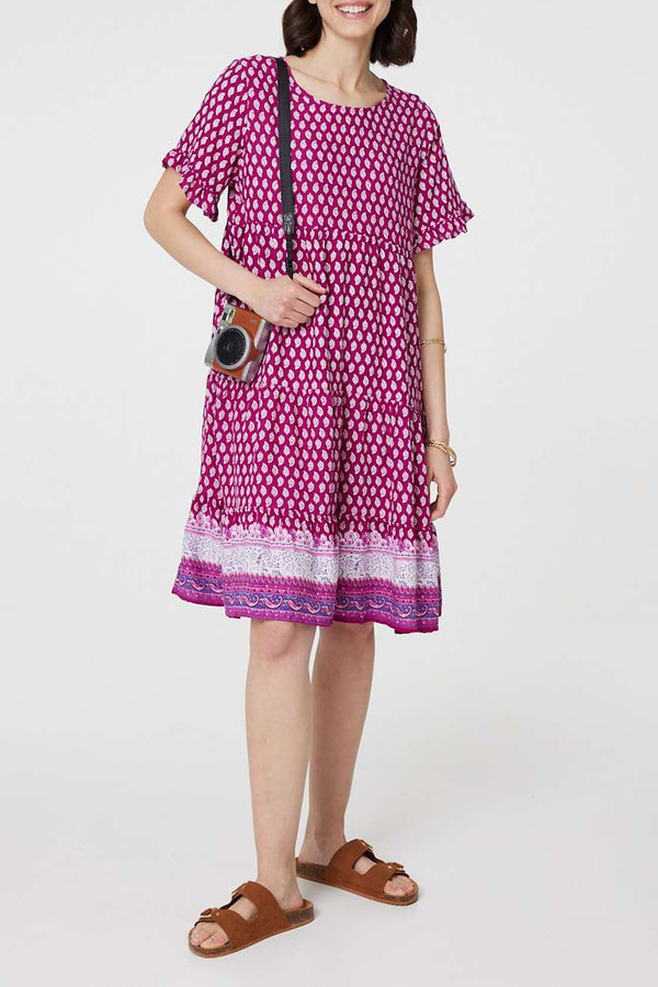 FUCHSIA | Border Print 1/2 Sleeve Tiered Swing Dress