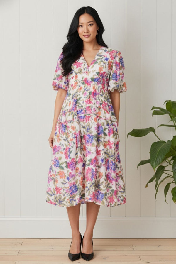 Floral Drop Waist Midi Dress | PINK