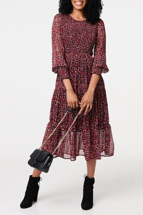 RUST | Ditsy Floral Sheer Smock Midi Dress