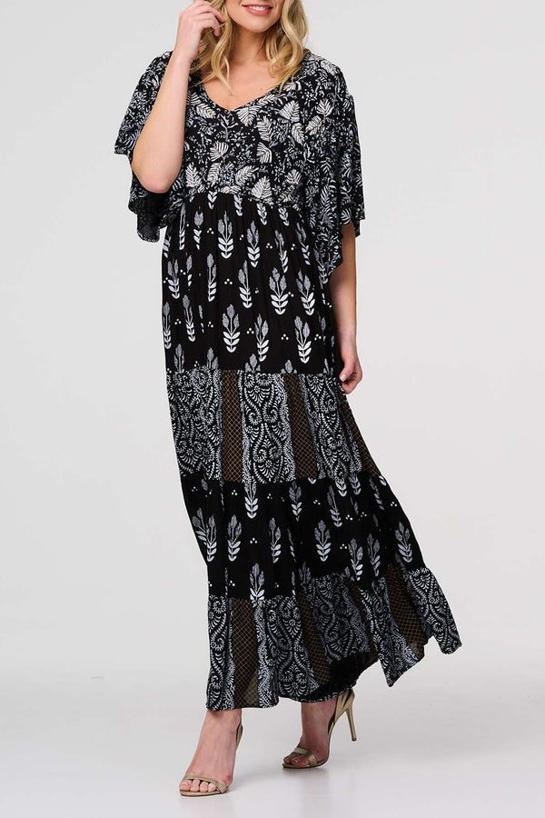 BLACK | Leaf Print Relaxed Fit Kimono Maxi Dress