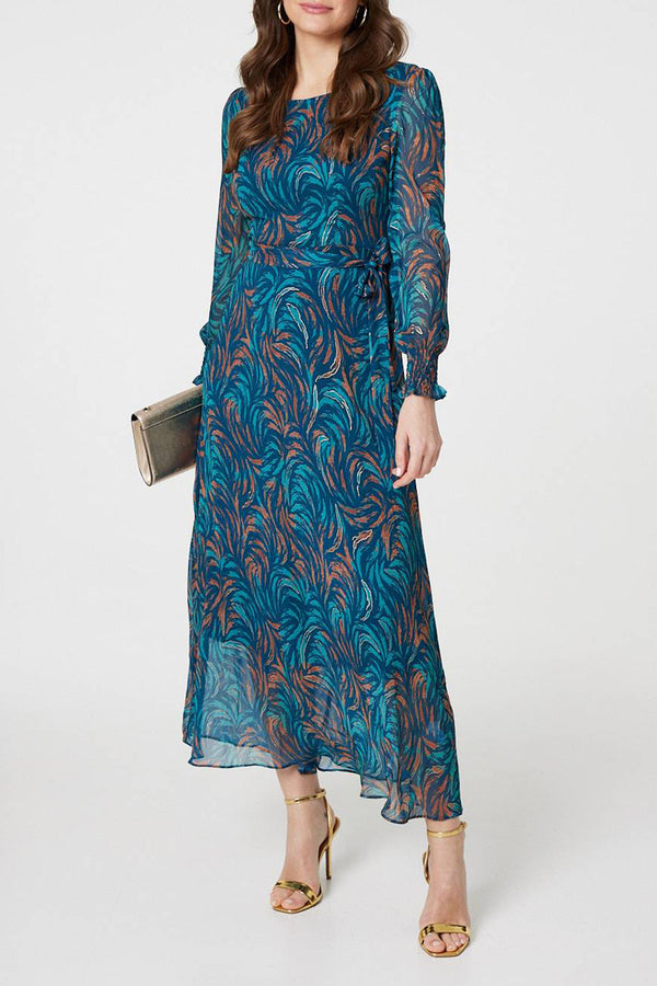 TEAL | Printed Long Sleeve Tie Waist Maxi Dress