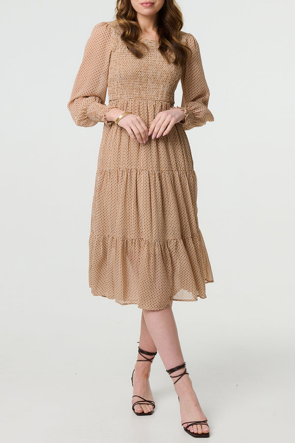 MULTI BEIGE | Dot Print Semi Sheer Smocked Midi Dress