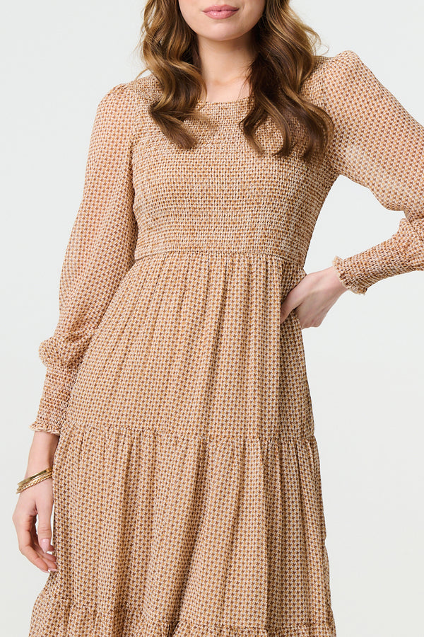 MULTI BEIGE | Dot Print Semi Sheer Smocked Midi Dress