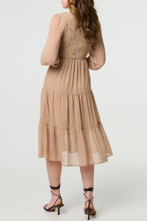 MULTI BEIGE | Dot Print Semi Sheer Smocked Midi Dress