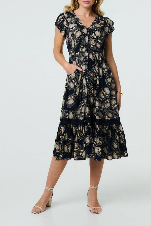 NAVY | Floral Cap Sleeve Lace Trim Midi Dress