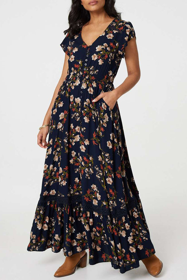 NAVY | Floral V-Neck Lace Trim Maxi Dress