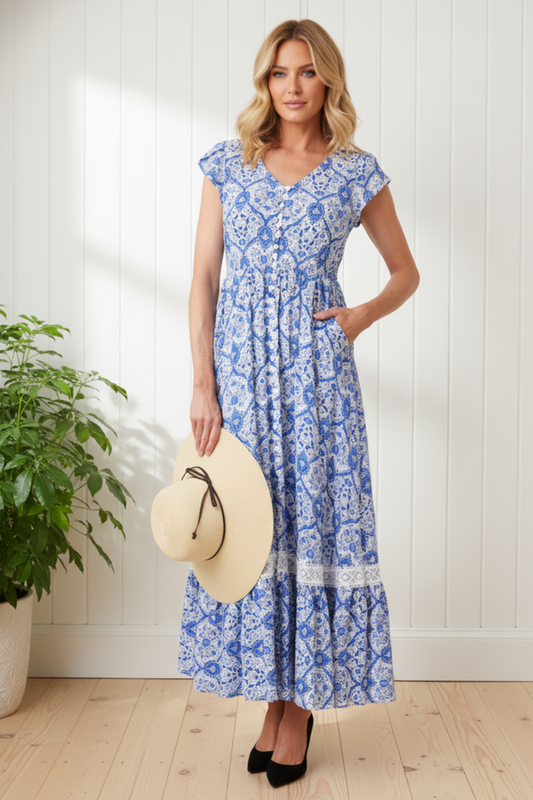 Printed Cap Sleeve Lace Trim Maxi Dress | MULTIBLUE