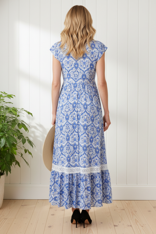 Printed Cap Sleeve Lace Trim Maxi Dress | MULTIBLUE