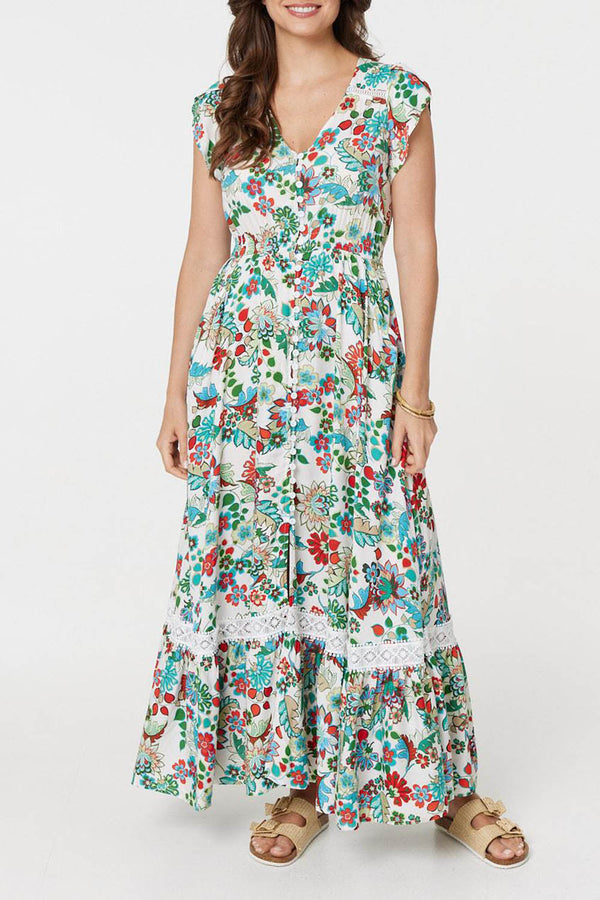 MULTI WHITE | Floral Cap Sleeve Lace Trim Maxi Dress