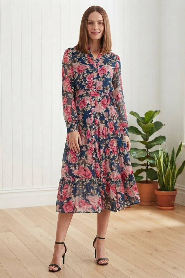 Floral Tie Waist Long Sleeve Midi Dress| NAVY