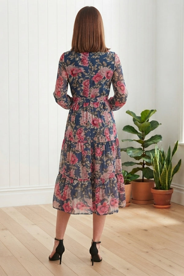 Floral Tie Waist Long Sleeve Midi Dress| NAVY