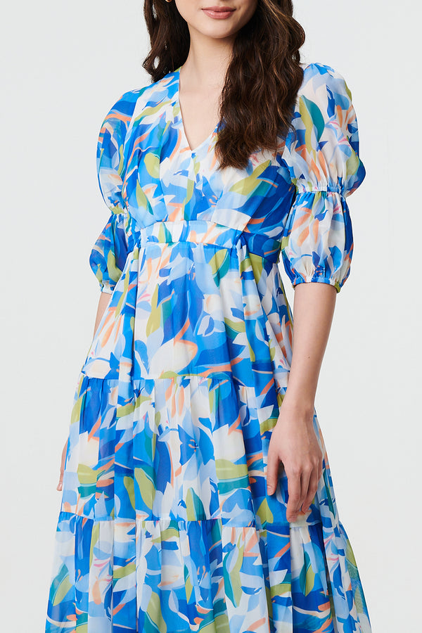 MULTI BLUE | Abstract Puff Sleeve Empire Maxi Dress
