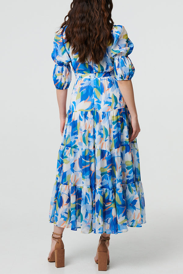 MULTI BLUE | Abstract Puff Sleeve Empire Maxi Dress