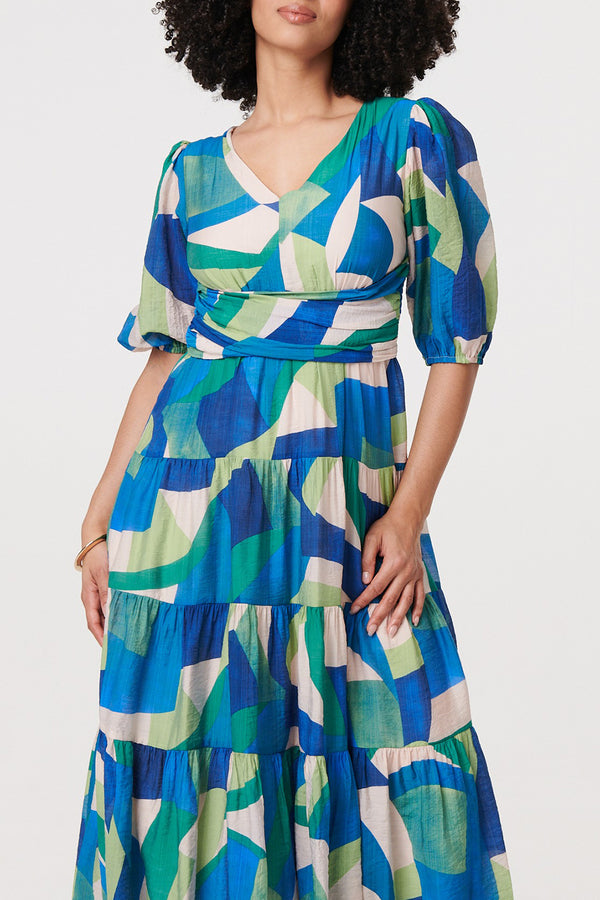 Abstract Puff Sleeve Tiered Maxi Dress