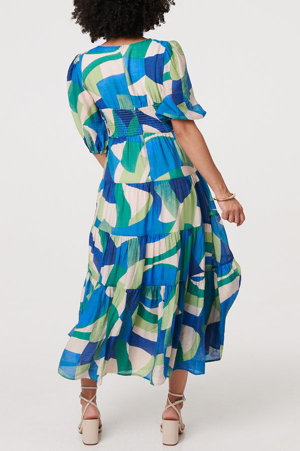 Abstract Puff Sleeve Tiered Maxi Dress