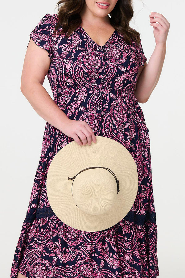 NAVY | Paisley Cap Sleeve Lace Hem Maxi Shirt Dress