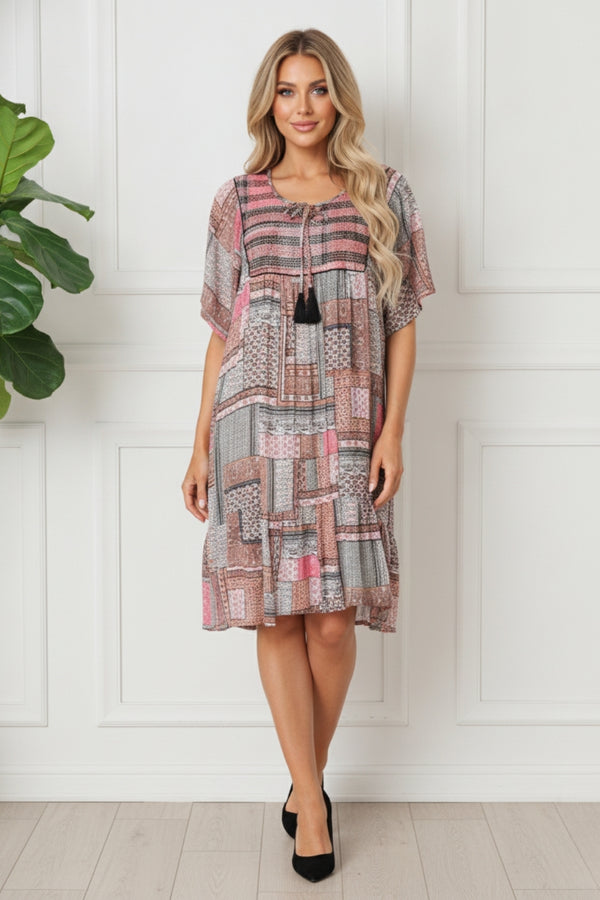 Patchwork 1/2 Sleeve Knee Length Dress| MULTI_PINK