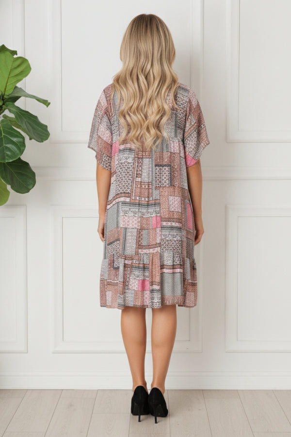 Patchwork 1/2 Sleeve Knee Length Dress| MULTI_PINK