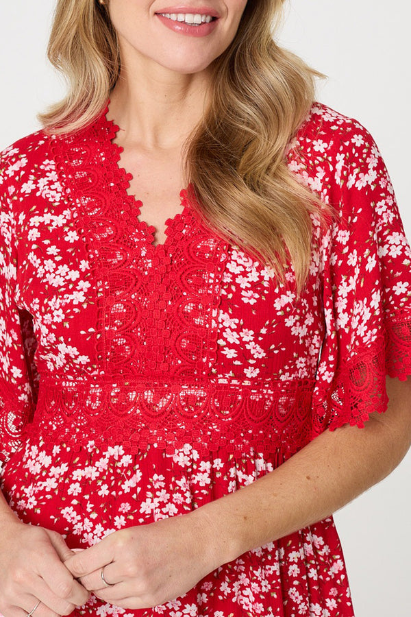 RED | Ditsy Floral Lace 1/2 Sleeve Short Dress