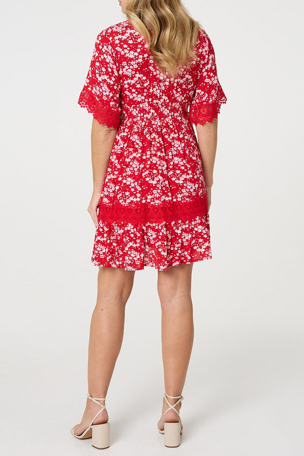 RED | Ditsy Floral Lace 1/2 Sleeve Short Dress
