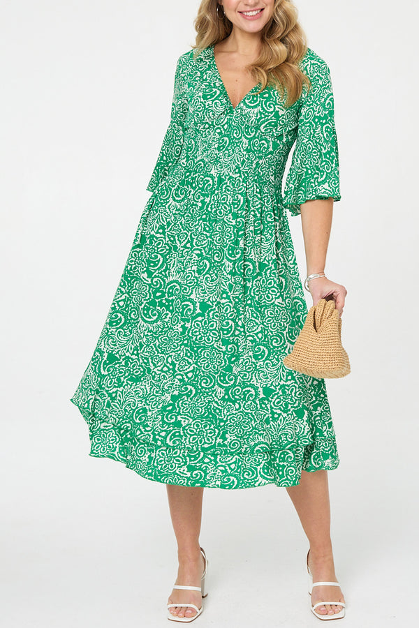 Printed 3/4 Sleeve Ruched Midi Dress| JADE