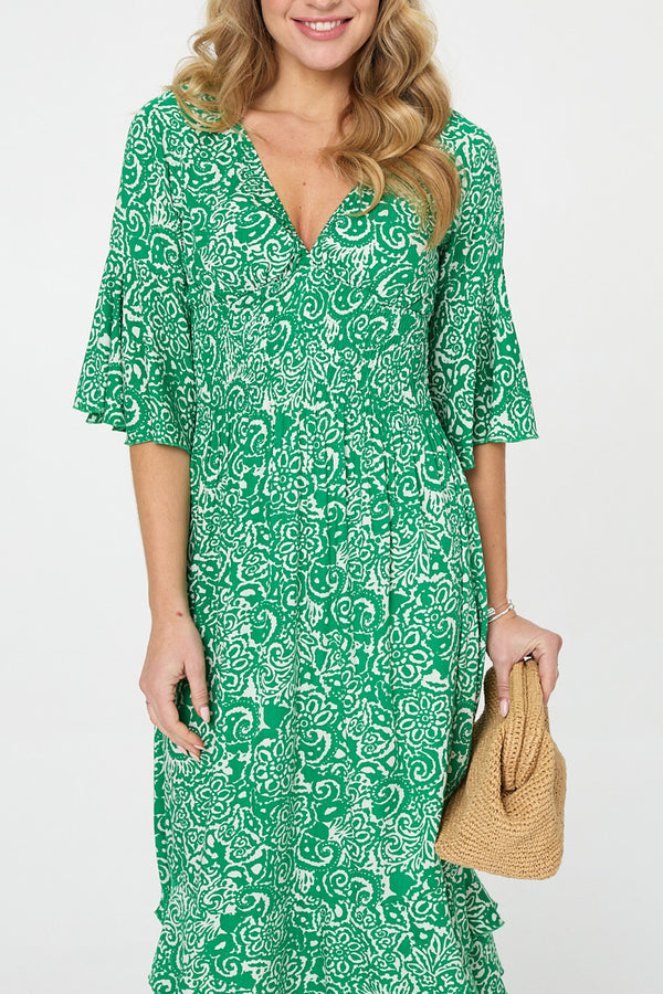 Printed 3/4 Sleeve Ruched Midi Dress| JADE