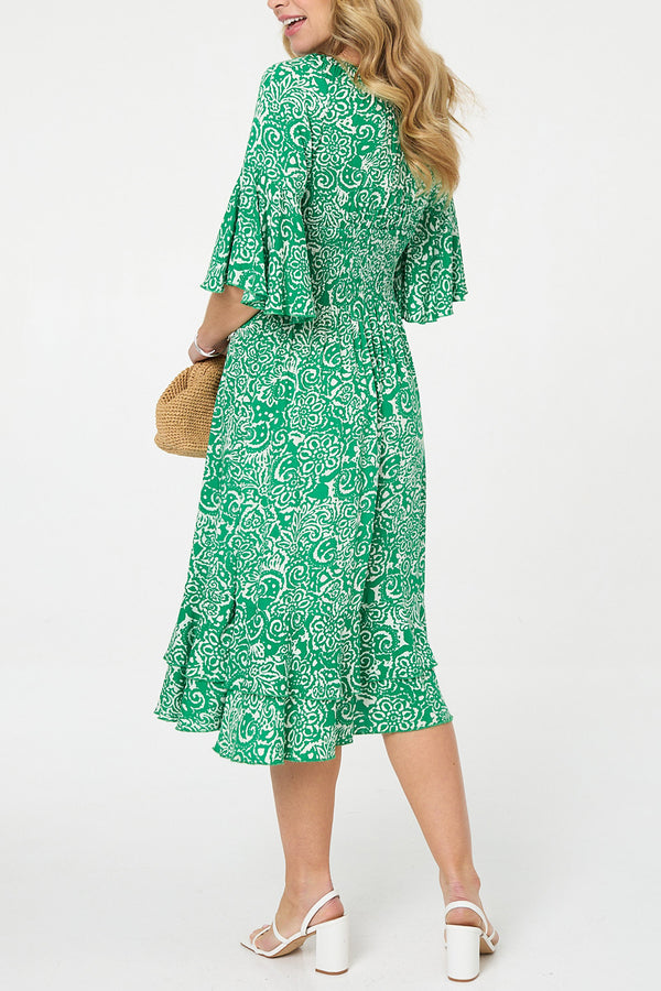 Printed 3/4 Sleeve Ruched Midi Dress| JADE