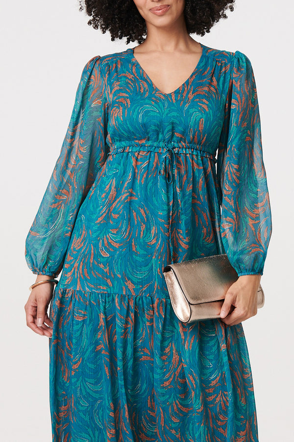 TEAL | Printed Semi Sheer Empire Midi Dress