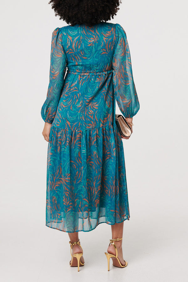 TEAL | Printed Semi Sheer Empire Midi Dress