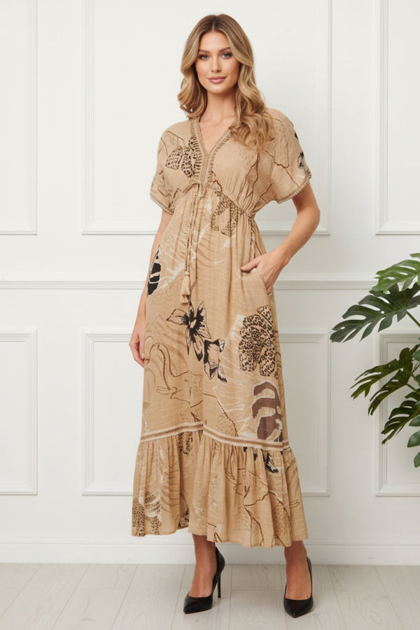 Printed Tassel Tie Maxi Empire Dress| BEIGE