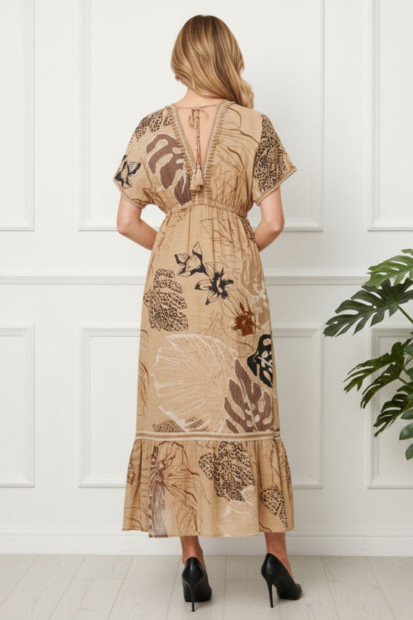 Printed Tassel Tie Maxi Empire Dress| BEIGE
