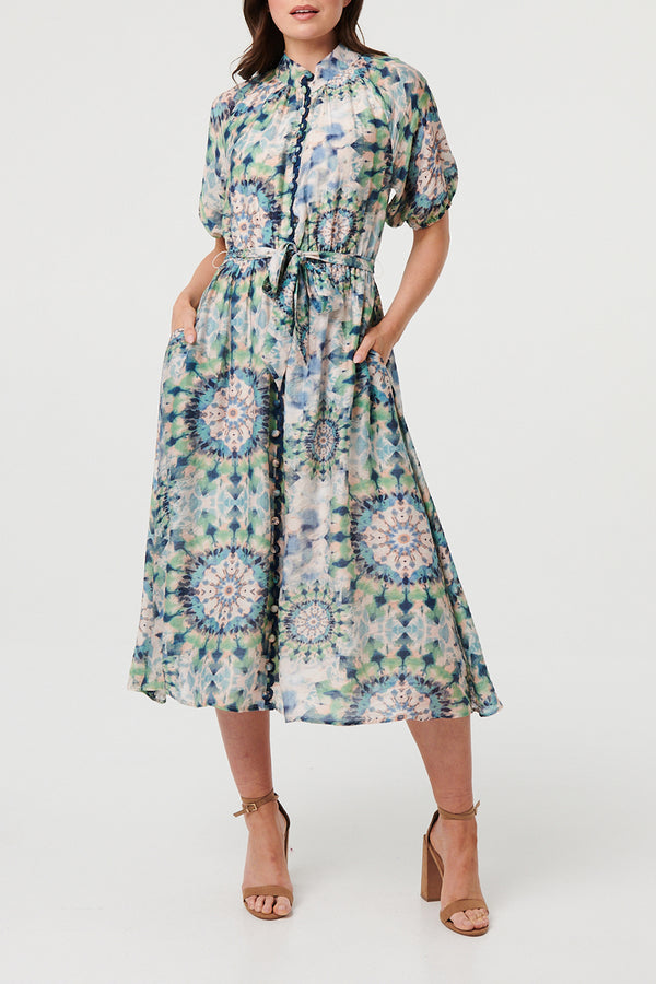 MULTIGREEN / Tie Dye Print Tie Waist Midi Shirt Dress
