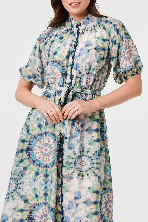 MULTIGREEN / Tie Dye Print Tie Waist Midi Shirt Dress