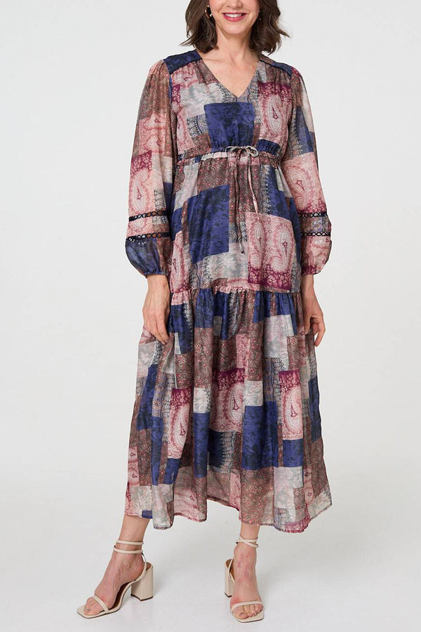MULTI NAVY | Patchwork Print Empire V-Neck Maxi Dress