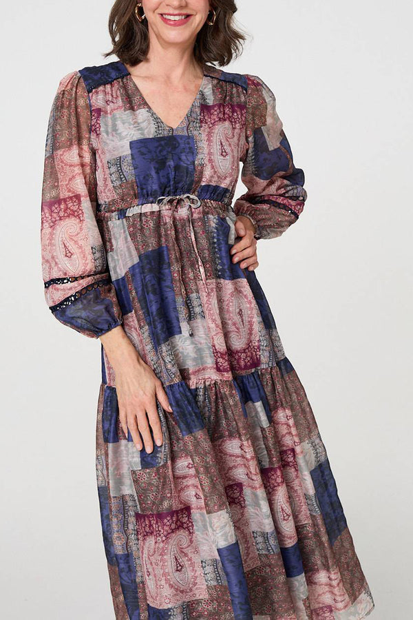 MULTI NAVY | Patchwork Print Empire V-Neck Maxi Dress
